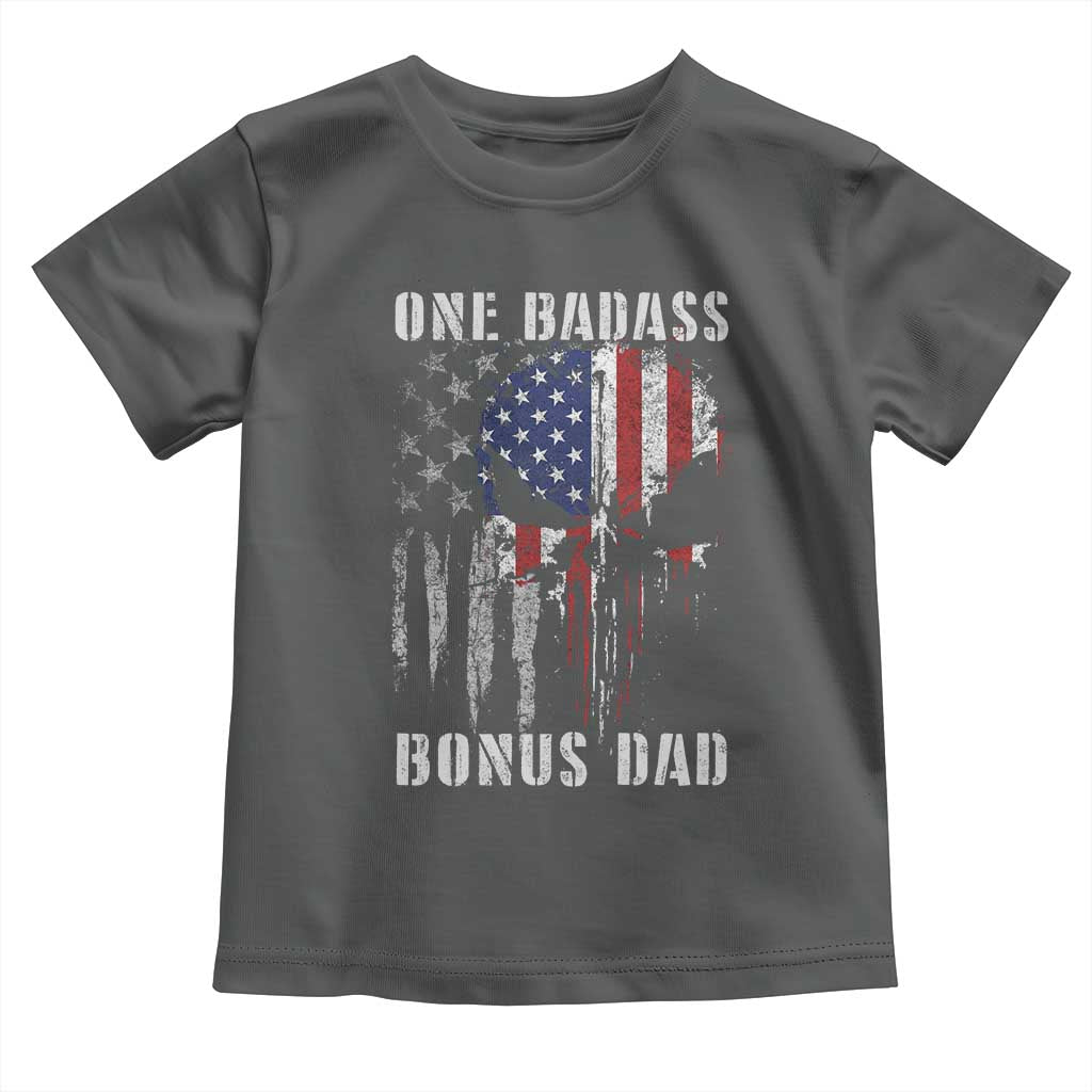 Funny One Badass Bonus Dad Toddler T Shirt Step Dad Fathers Day 4th Of July American Flag Skull - Wonder Print Shop