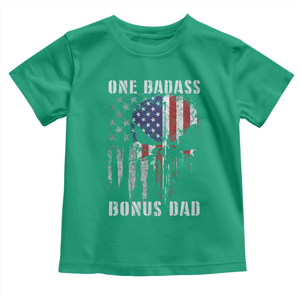Funny One Badass Bonus Dad Toddler T Shirt Step Dad Fathers Day 4th Of July American Flag Skull - Wonder Print Shop