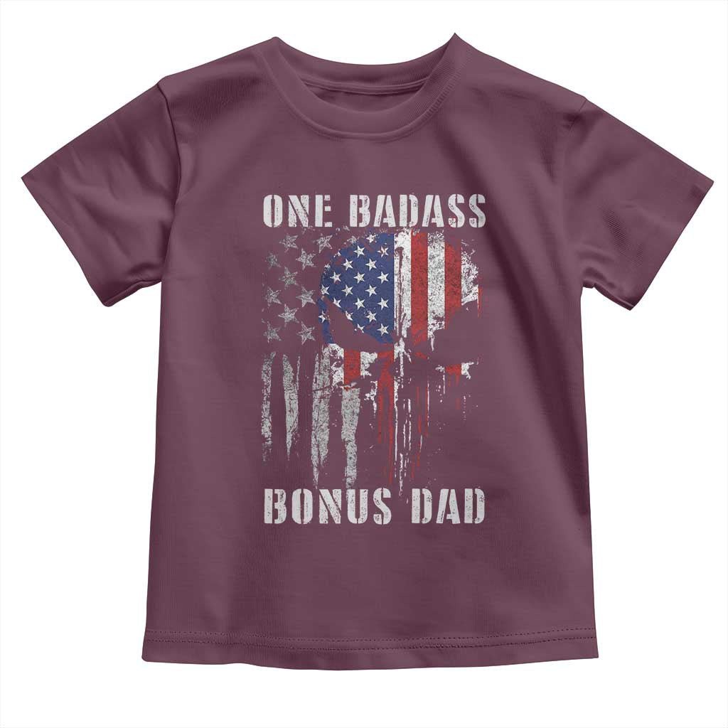 Funny One Badass Bonus Dad Toddler T Shirt Step Dad Fathers Day 4th Of July American Flag Skull - Wonder Print Shop
