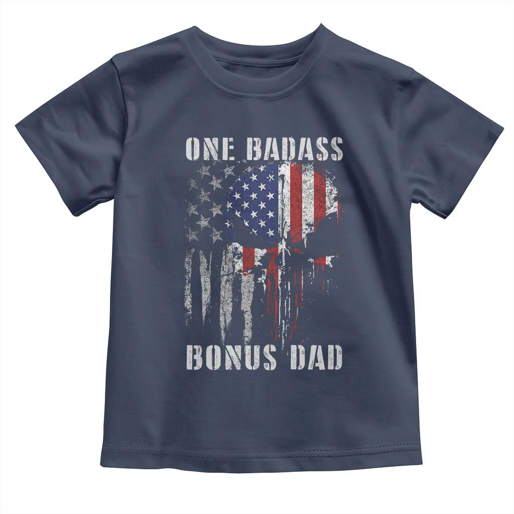 Funny One Badass Bonus Dad Toddler T Shirt Step Dad Fathers Day 4th Of July American Flag Skull - Wonder Print Shop