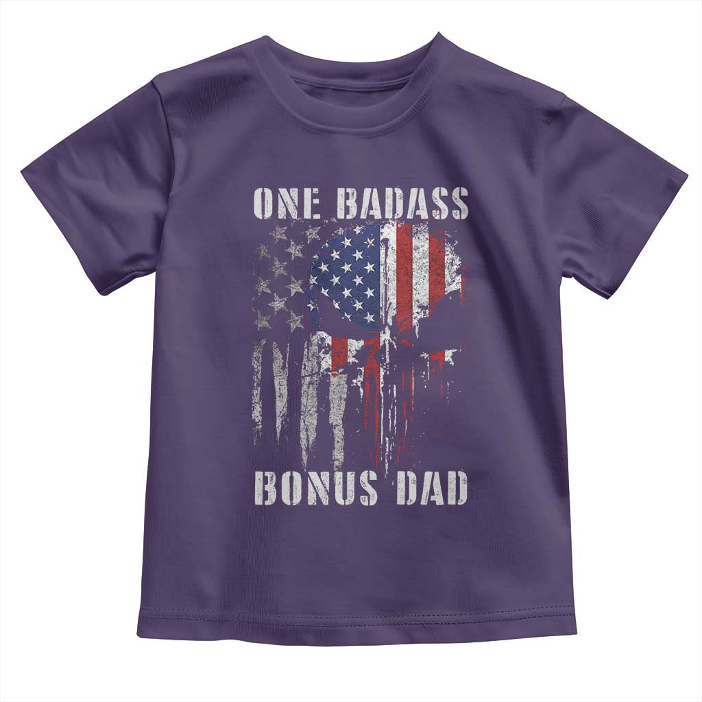 Funny One Badass Bonus Dad Toddler T Shirt Step Dad Fathers Day 4th Of July American Flag Skull - Wonder Print Shop