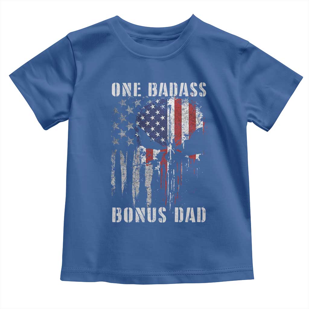 Funny One Badass Bonus Dad Toddler T Shirt Step Dad Fathers Day 4th Of July American Flag Skull - Wonder Print Shop