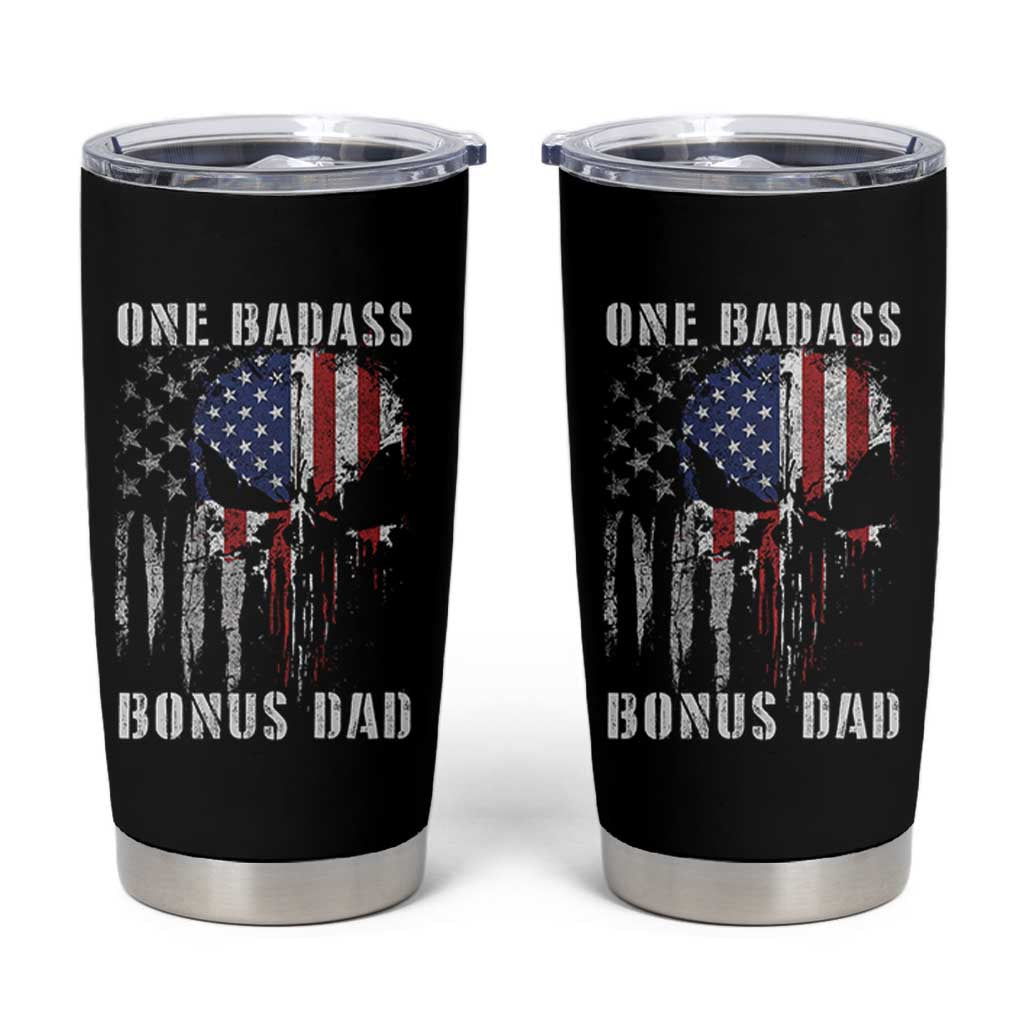 Funny One Badass Bonus Dad Tumbler Cup Step Dad Fathers Day 4th Of July American Flag Skull - Wonder Print Shop