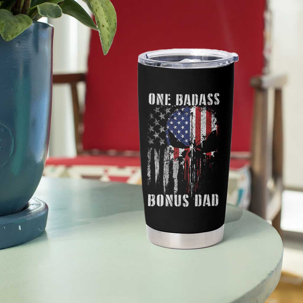 Funny One Badass Bonus Dad Tumbler Cup Step Dad Fathers Day 4th Of July American Flag Skull - Wonder Print Shop