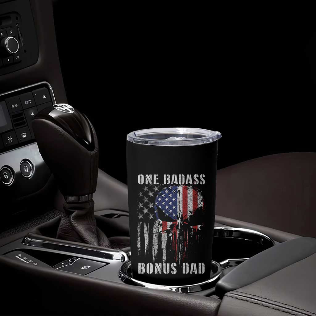 Funny One Badass Bonus Dad Tumbler Cup Step Dad Fathers Day 4th Of July American Flag Skull - Wonder Print Shop