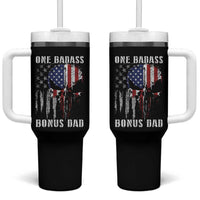 Funny One Badass Bonus Dad Tumbler With Handle Step Dad Fathers Day 4th Of July American Flag Skull - Wonder Print Shop