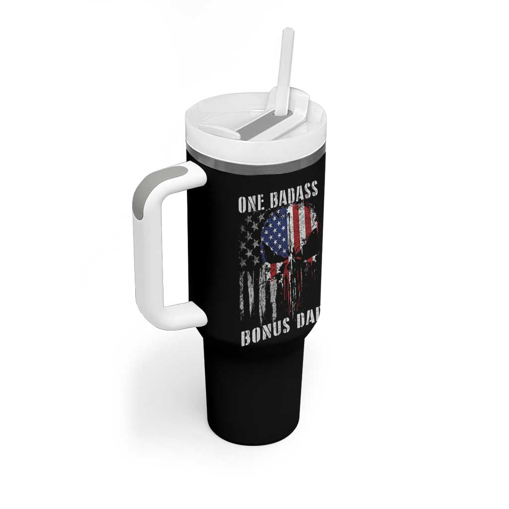 Funny One Badass Bonus Dad Tumbler With Handle Step Dad Fathers Day 4th Of July American Flag Skull - Wonder Print Shop