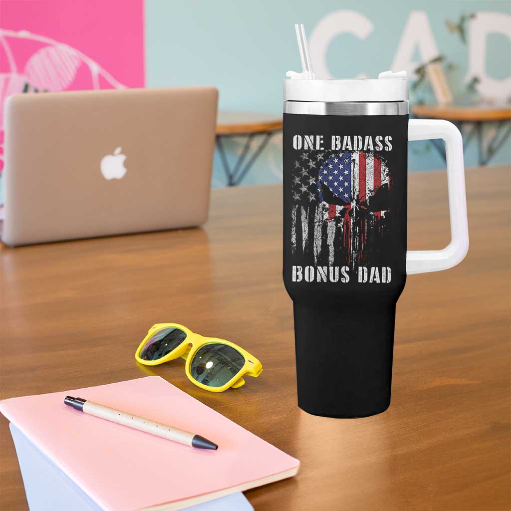 Funny One Badass Bonus Dad Tumbler With Handle Step Dad Fathers Day 4th Of July American Flag Skull - Wonder Print Shop
