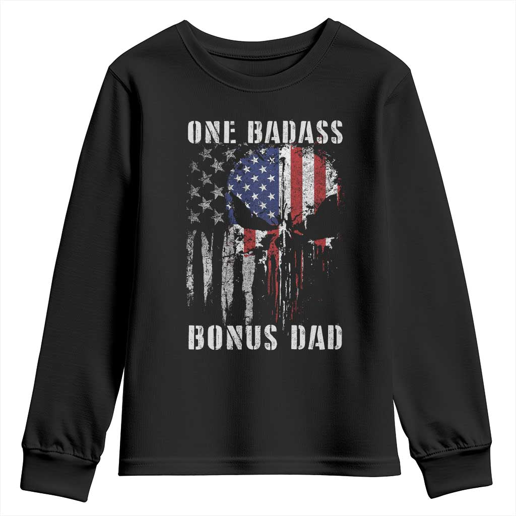 Funny One Badass Bonus Dad Youth Sweatshirt Step Dad Fathers Day 4th Of July American Flag Skull - Wonder Print Shop