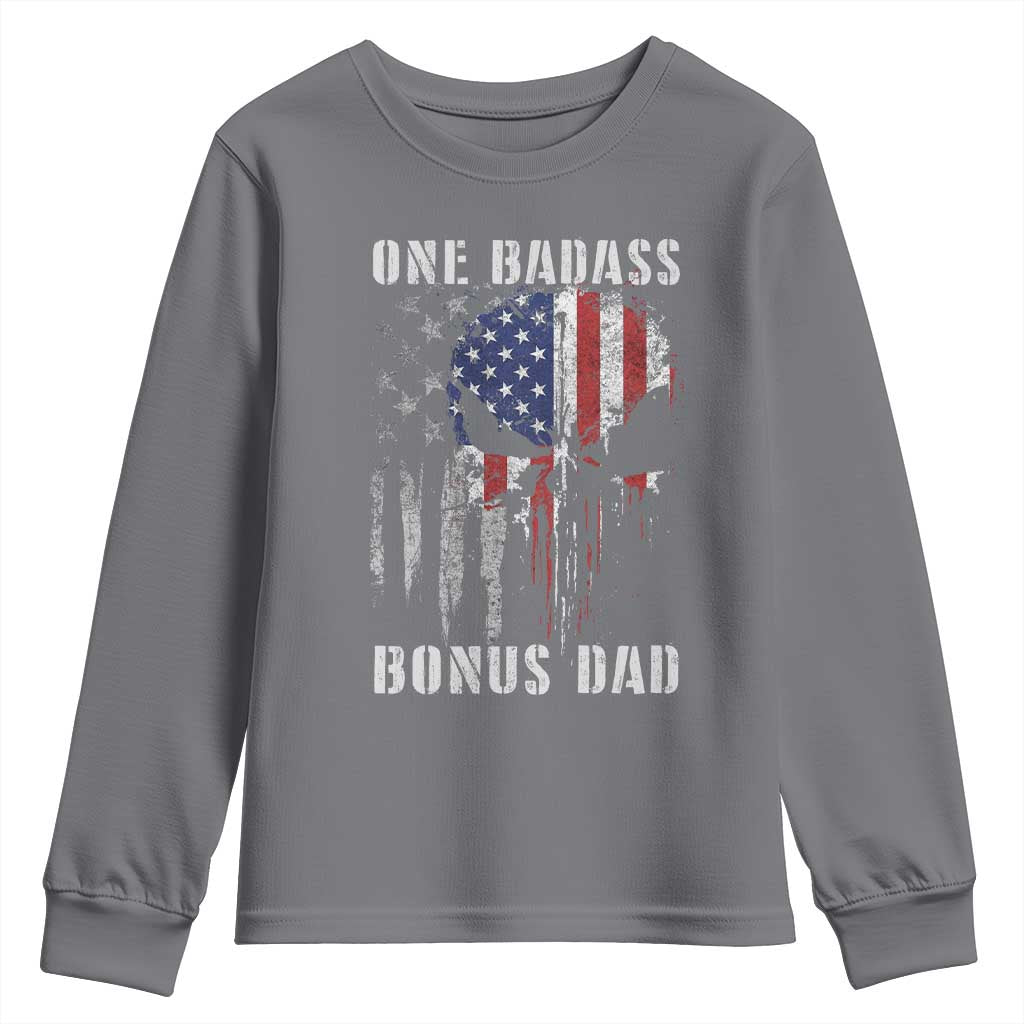 Funny One Badass Bonus Dad Youth Sweatshirt Step Dad Fathers Day 4th Of July American Flag Skull - Wonder Print Shop