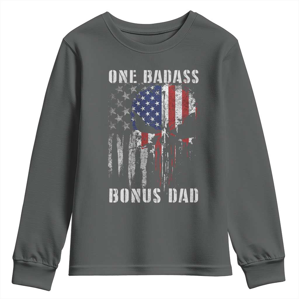 Funny One Badass Bonus Dad Youth Sweatshirt Step Dad Fathers Day 4th Of July American Flag Skull - Wonder Print Shop