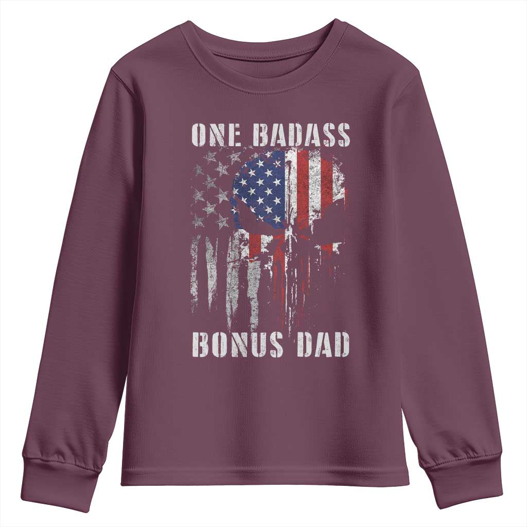 Funny One Badass Bonus Dad Youth Sweatshirt Step Dad Fathers Day 4th Of July American Flag Skull - Wonder Print Shop