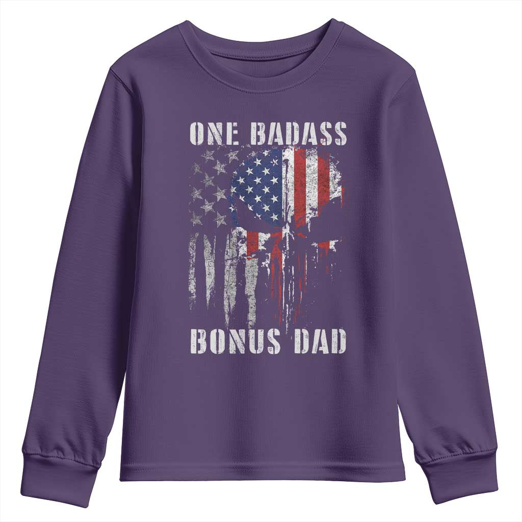 Funny One Badass Bonus Dad Youth Sweatshirt Step Dad Fathers Day 4th Of July American Flag Skull - Wonder Print Shop