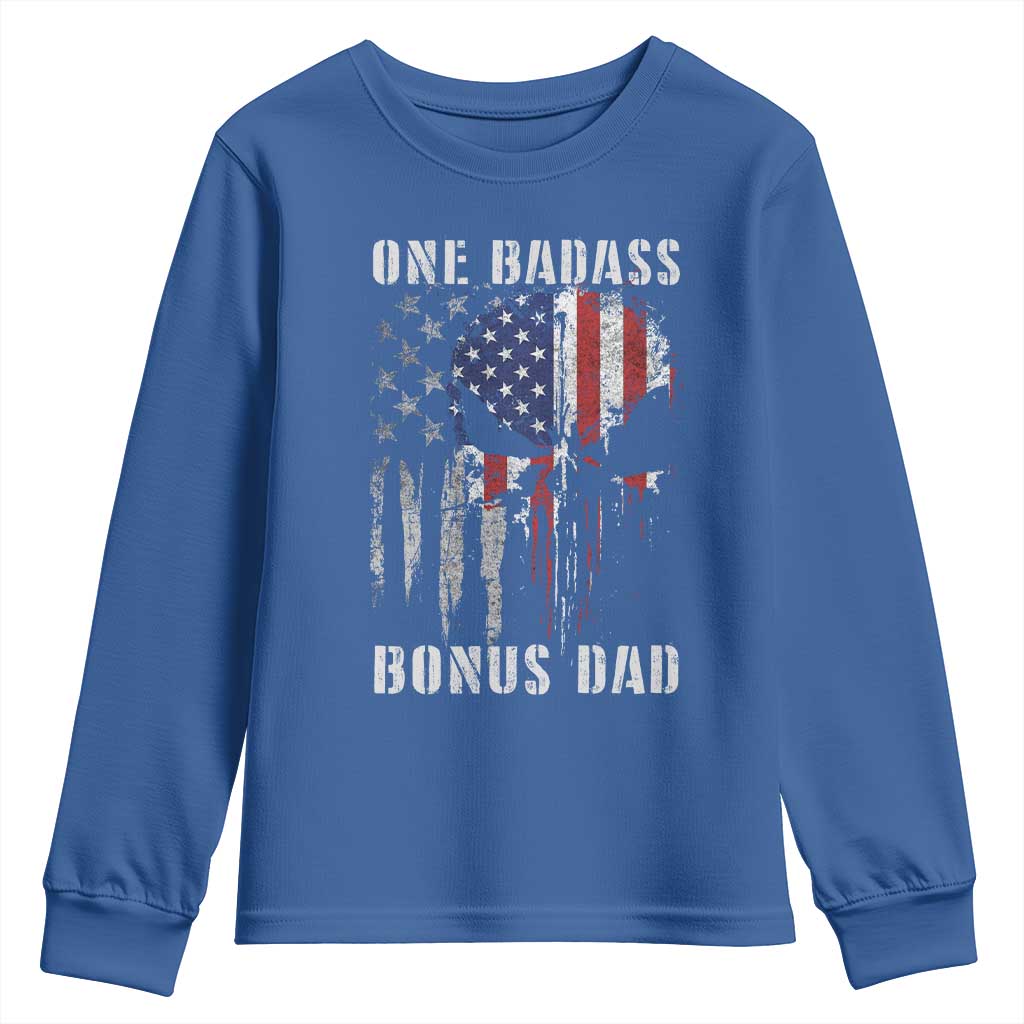 Funny One Badass Bonus Dad Youth Sweatshirt Step Dad Fathers Day 4th Of July American Flag Skull - Wonder Print Shop