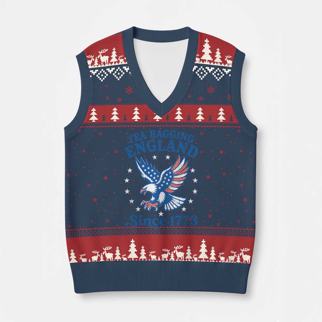 Tea Bagging England Since 1773 V-Neck Knit Sweater Vest Patriotic Eagle 4th of July