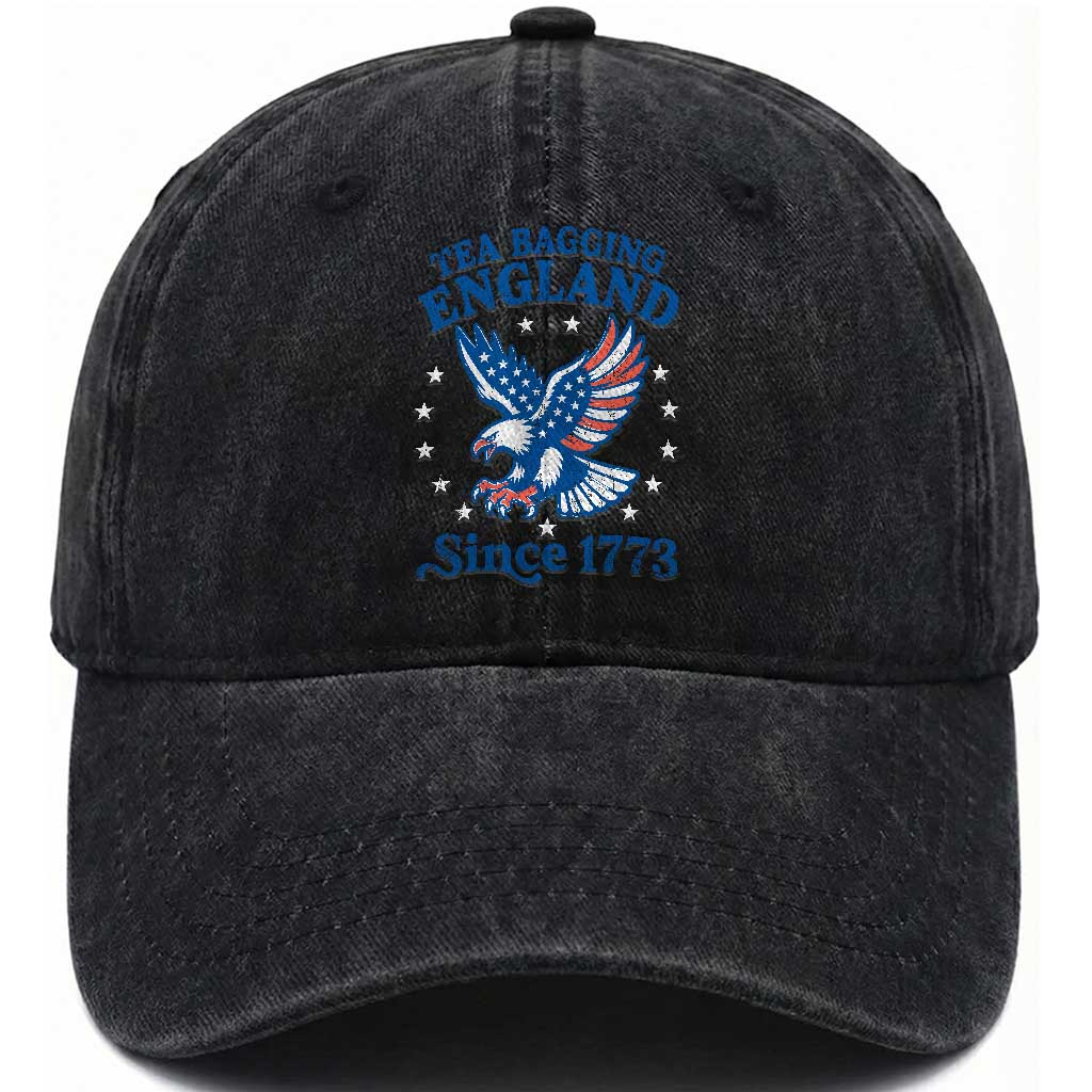 Tea Bagging England Since 1773 Washed Cotton Baseball Cap Patriotic Eagle 4th of July
