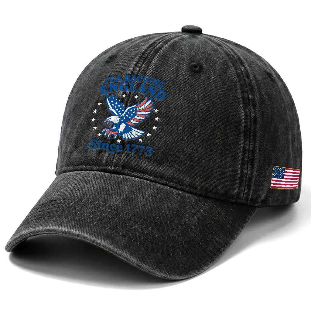Tea Bagging England Since 1773 Washed Cotton Baseball Cap Patriotic Eagle 4th of July
