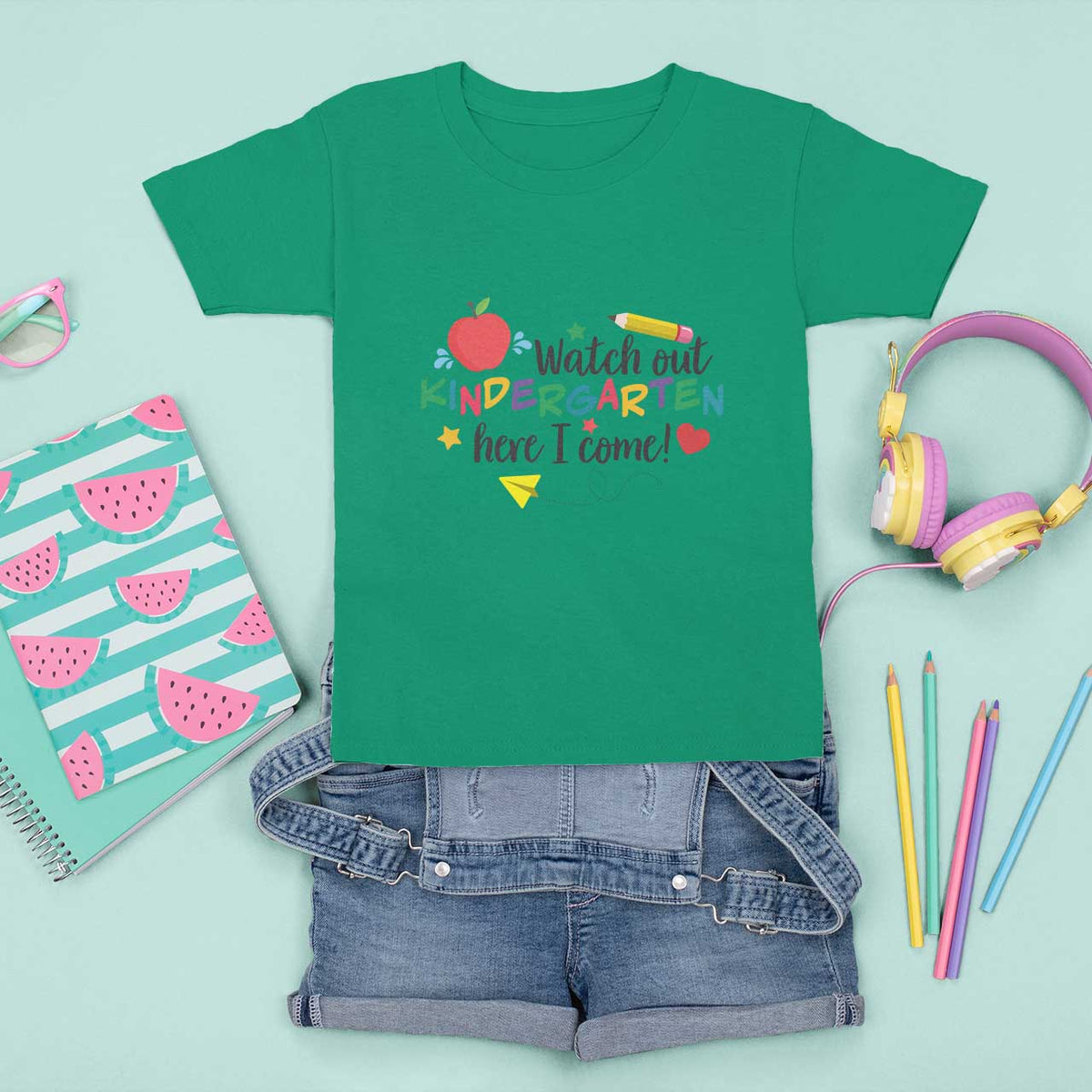 Watch Out Kindergarten Here I Come T Shirt For Kid Back To School Clock Apple Pen - Wonder Print Shop