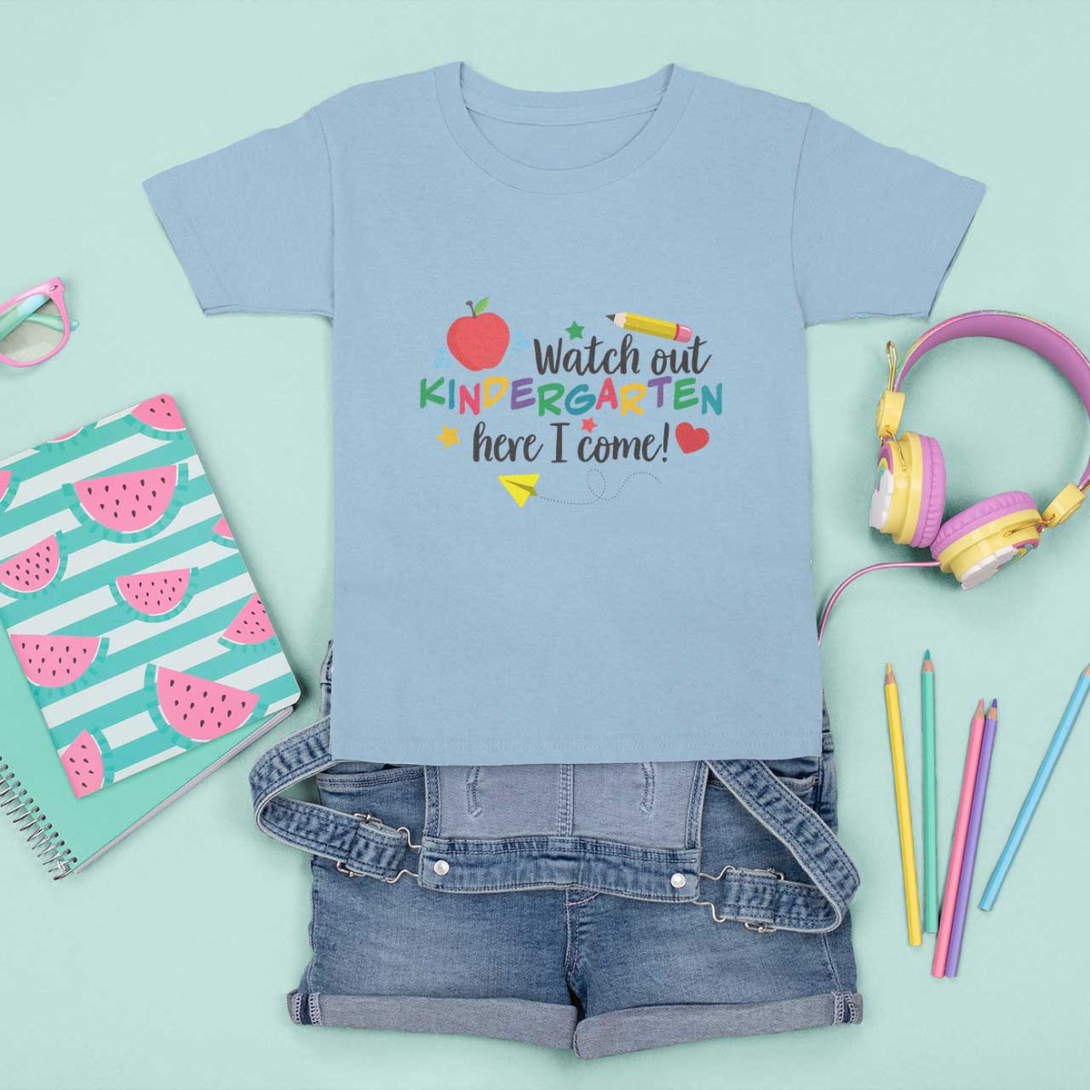 Watch Out Kindergarten Here I Come T Shirt For Kid Back To School Clock Apple Pen - Wonder Print Shop