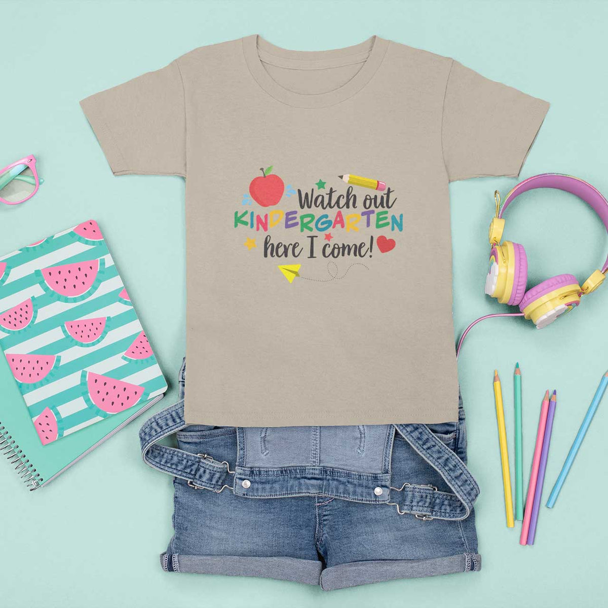 Watch Out Kindergarten Here I Come T Shirt For Kid Back To School Clock Apple Pen - Wonder Print Shop