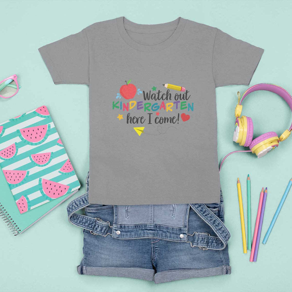 Watch Out Kindergarten Here I Come T Shirt For Kid Back To School Clock Apple Pen - Wonder Print Shop