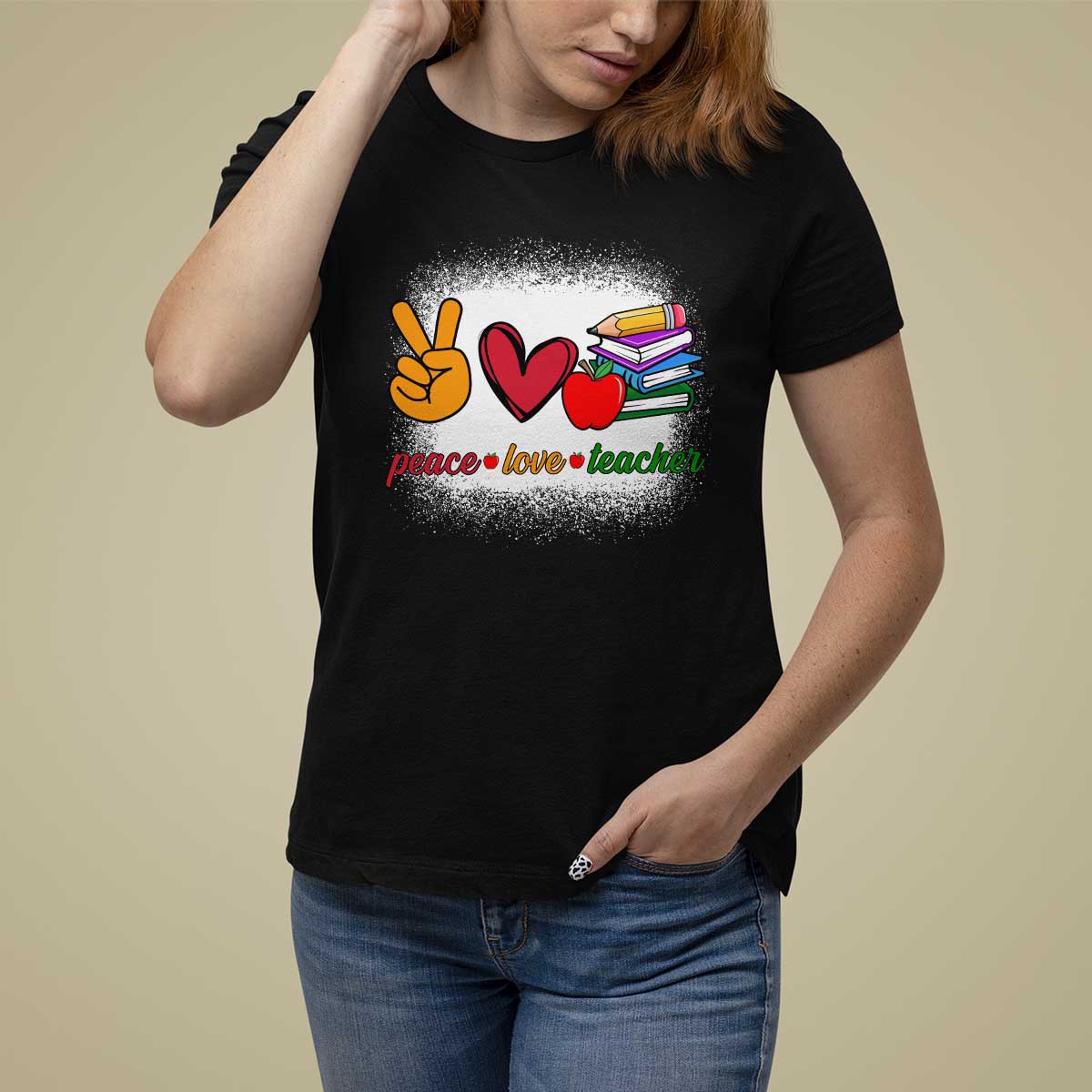 Teacher T Shirt For Women Peace Love Teach Cute Apple Book Pencil - Wonder Print Shop