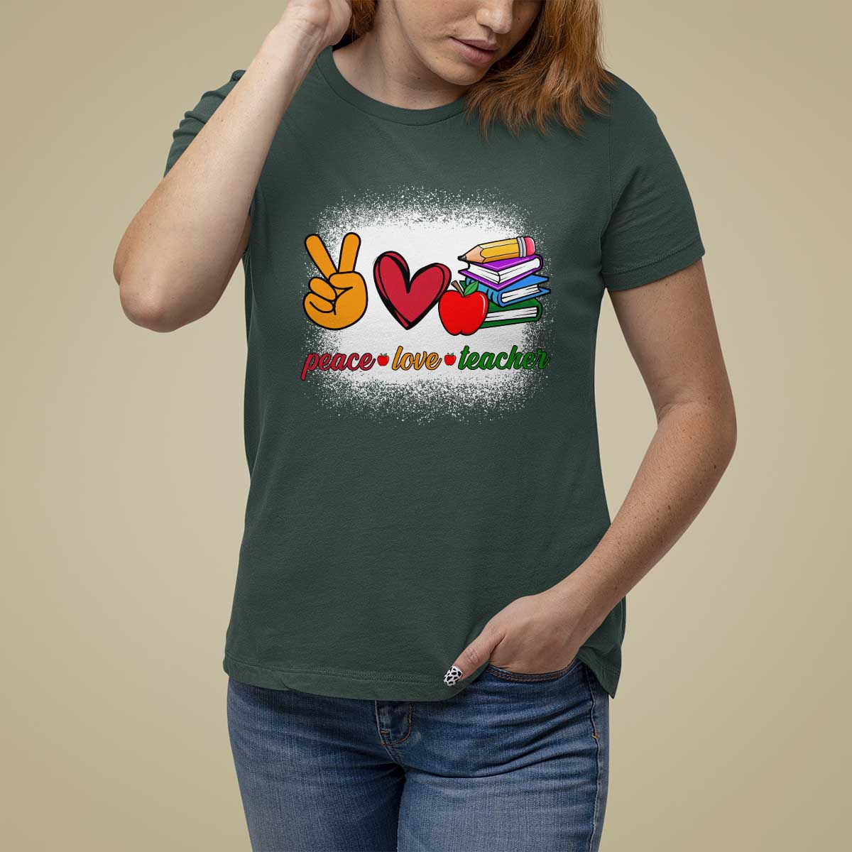 Teacher T Shirt For Women Peace Love Teach Cute Apple Book Pencil - Wonder Print Shop