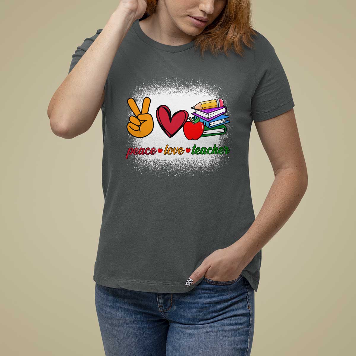 Teacher T Shirt For Women Peace Love Teach Cute Apple Book Pencil - Wonder Print Shop