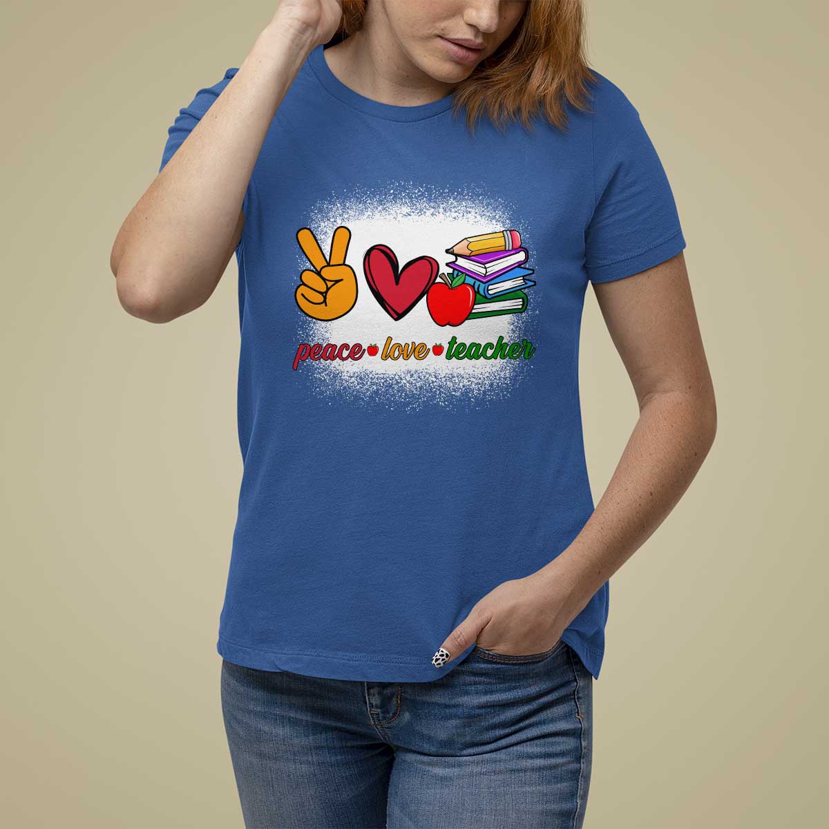 Teacher T Shirt For Women Peace Love Teach Cute Apple Book Pencil - Wonder Print Shop