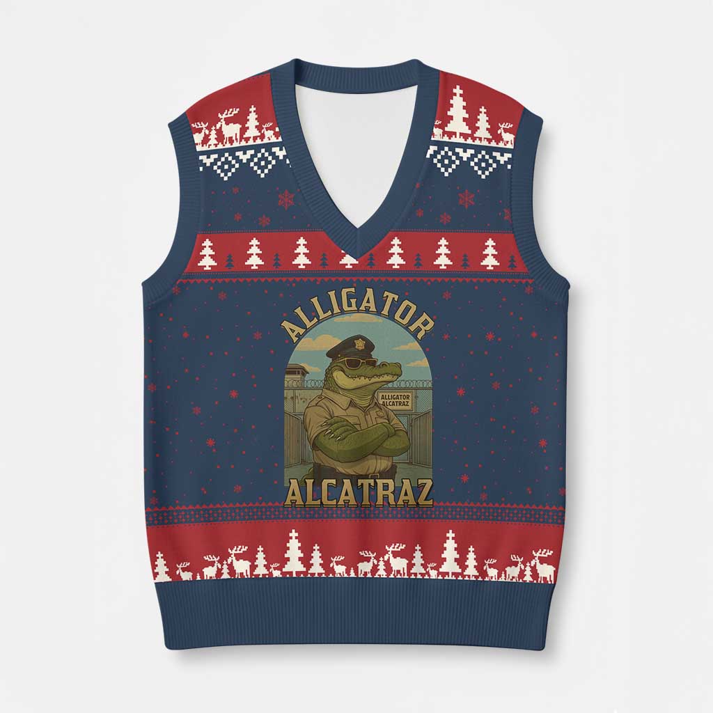 Funny Aligator Alcatraz Everglades V-Neck Knit Sweater Vest Police Alligator Alligatraz Meme - Wonder Print Shop