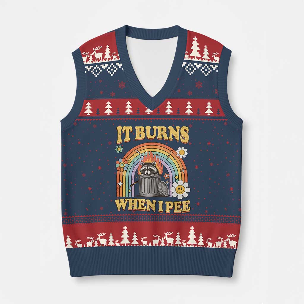 Funny It Burns When I Pee V-Neck Knit Sweater Vest Sarcastic Burning Racoon Meme - Wonder Print Shop
