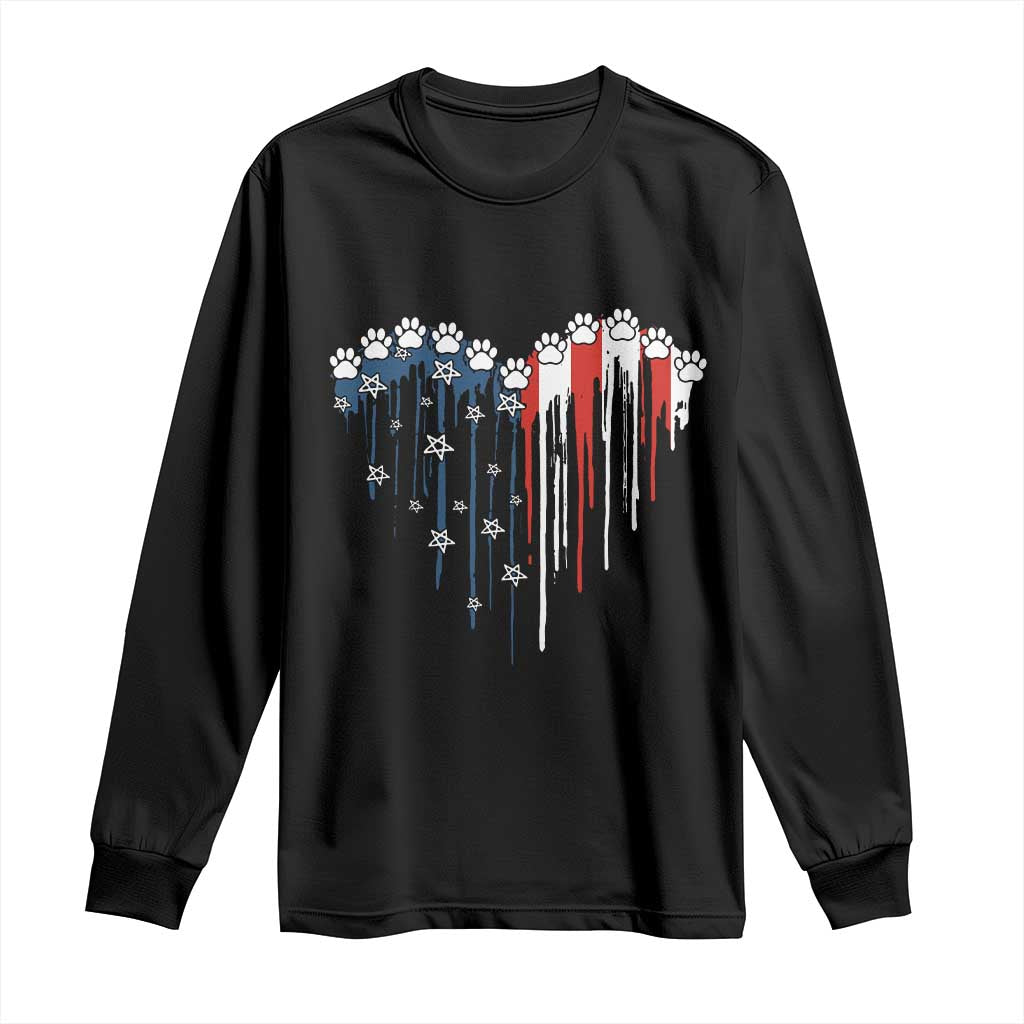 Patriotic Dog And Cat Paw American Flag Heart 4th Of July Long Sleeve Shirt - Wonder Print Shop