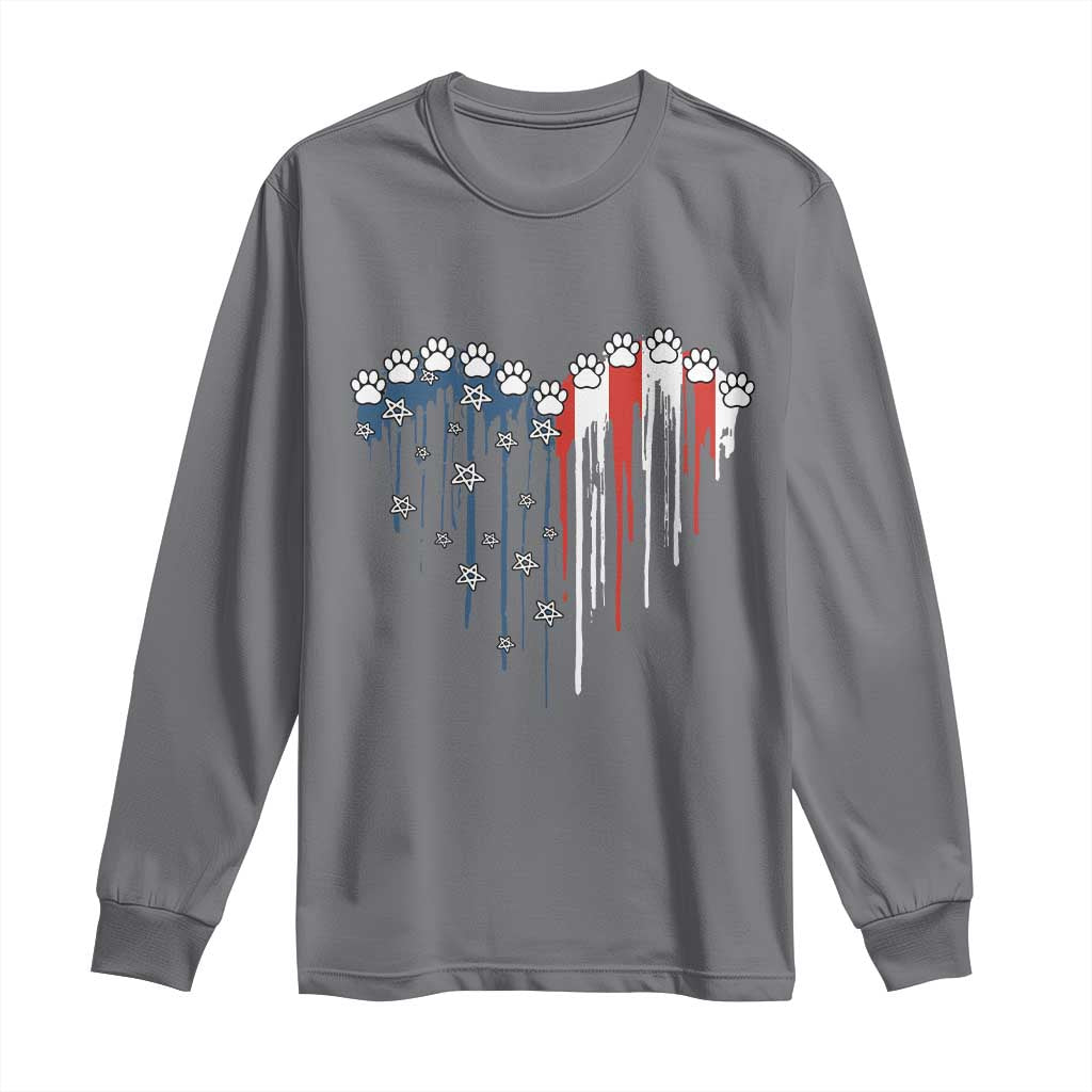 Patriotic Dog And Cat Paw American Flag Heart 4th Of July Long Sleeve Shirt - Wonder Print Shop
