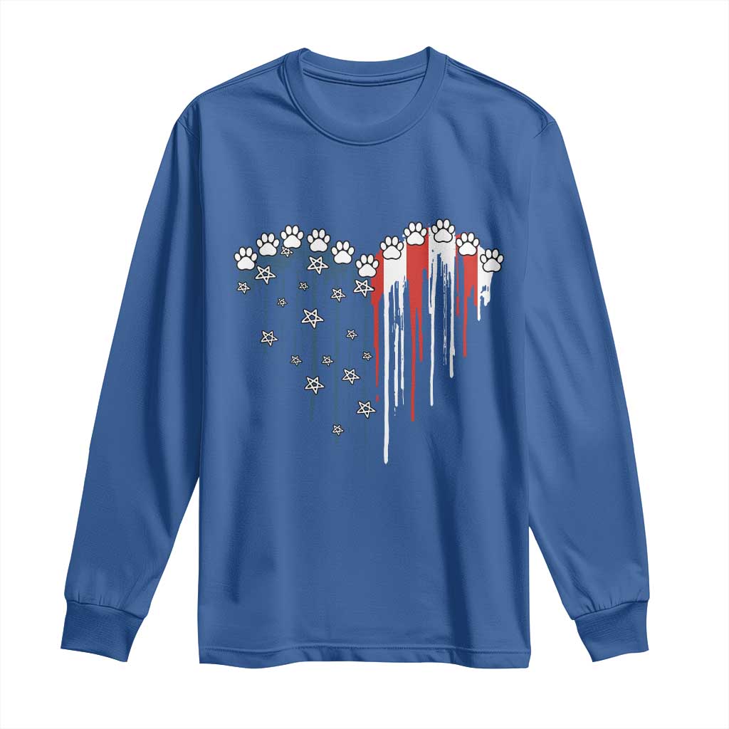 Patriotic Dog And Cat Paw American Flag Heart 4th Of July Long Sleeve Shirt - Wonder Print Shop