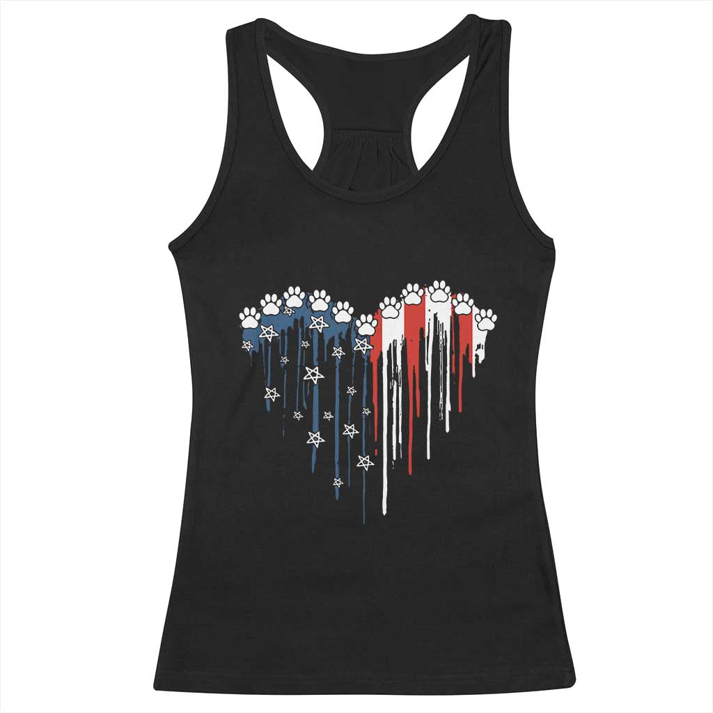Patriotic Dog And Cat Paw American Flag Heart 4th Of July Racerback Tank Top - Wonder Print Shop