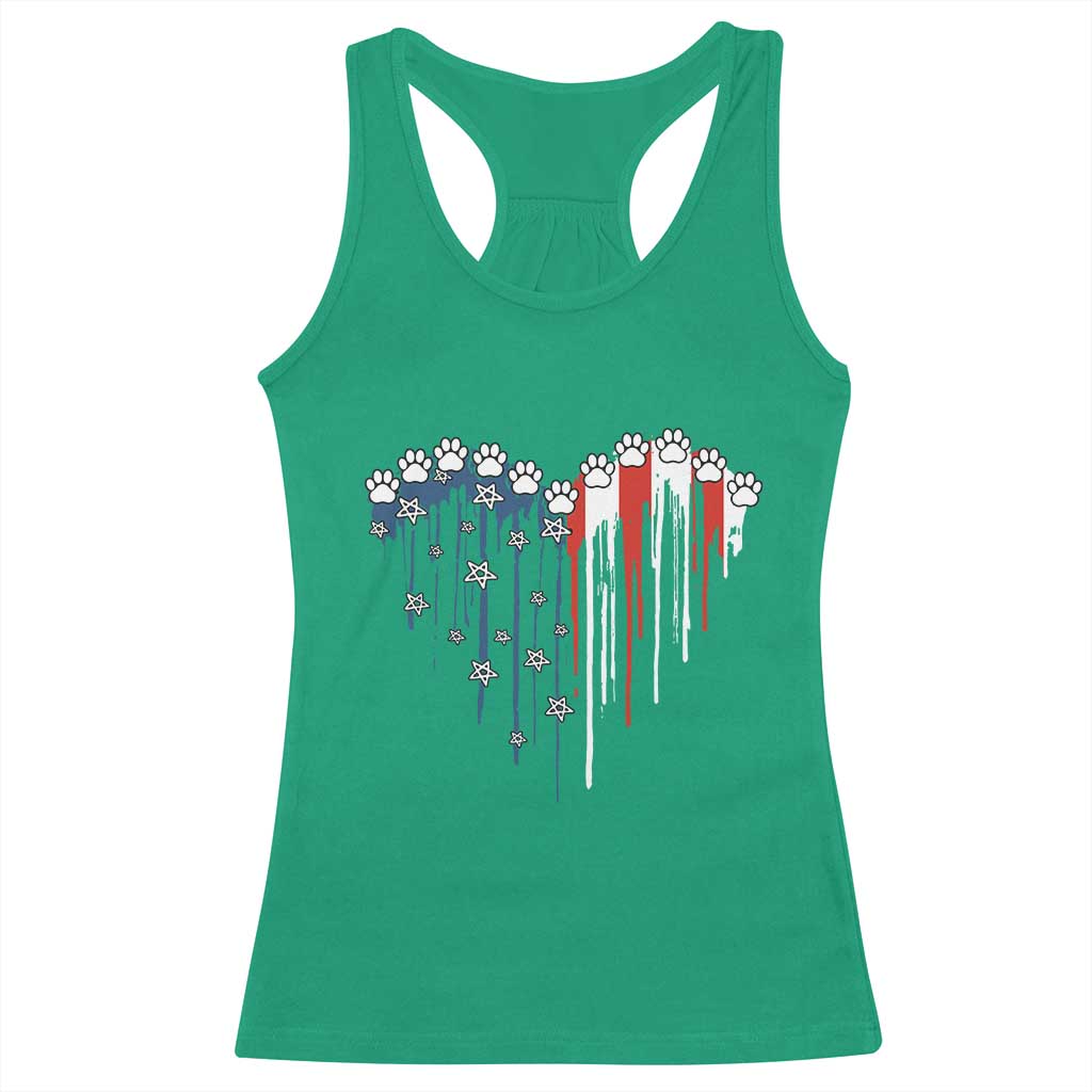 Patriotic Dog And Cat Paw American Flag Heart 4th Of July Racerback Tank Top - Wonder Print Shop