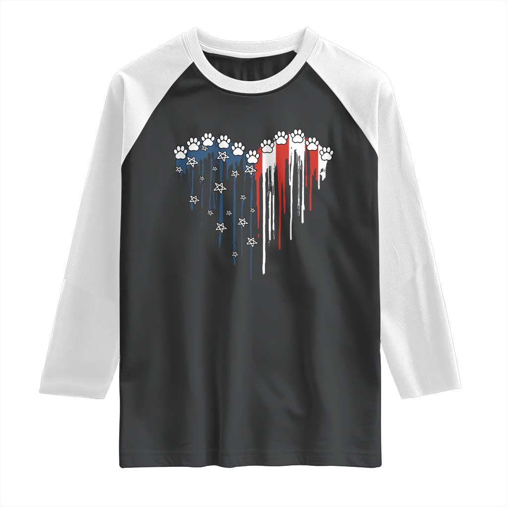 Patriotic Dog And Cat Paw American Flag Heart 4th Of July Raglan Shirt - Wonder Print Shop