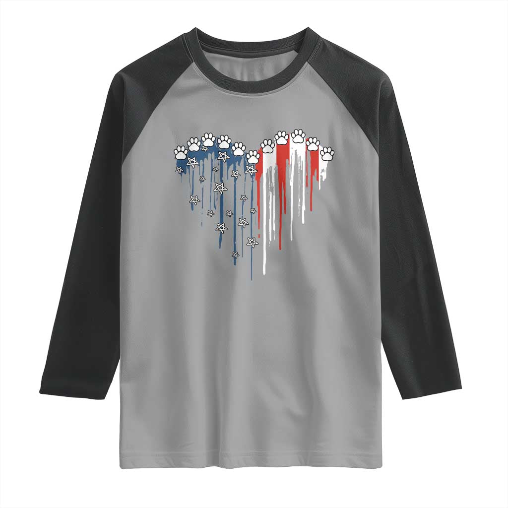 Patriotic Dog And Cat Paw American Flag Heart 4th Of July Raglan Shirt - Wonder Print Shop