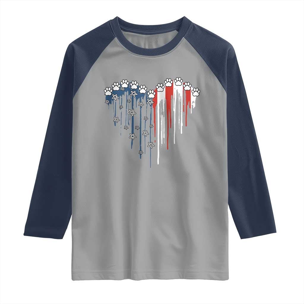 Patriotic Dog And Cat Paw American Flag Heart 4th Of July Raglan Shirt - Wonder Print Shop