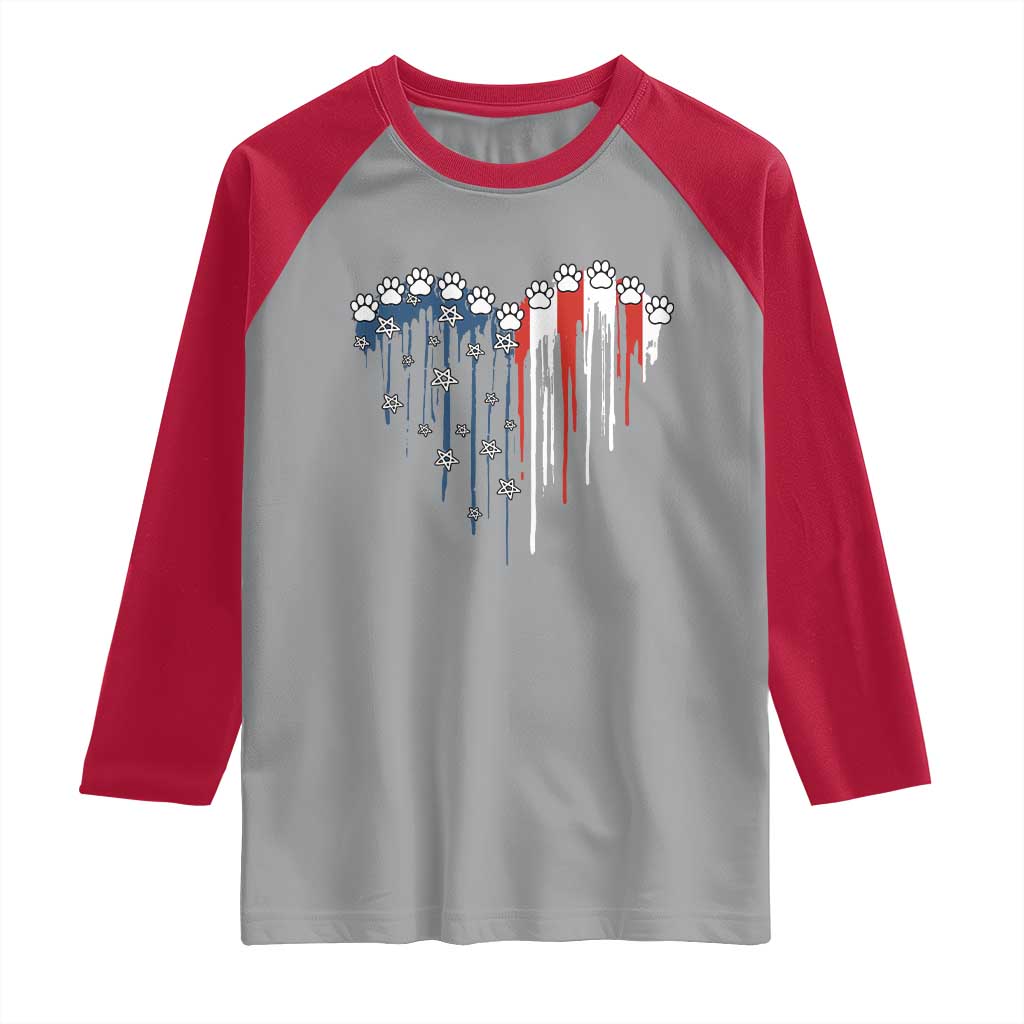 Patriotic Dog And Cat Paw American Flag Heart 4th Of July Raglan Shirt - Wonder Print Shop