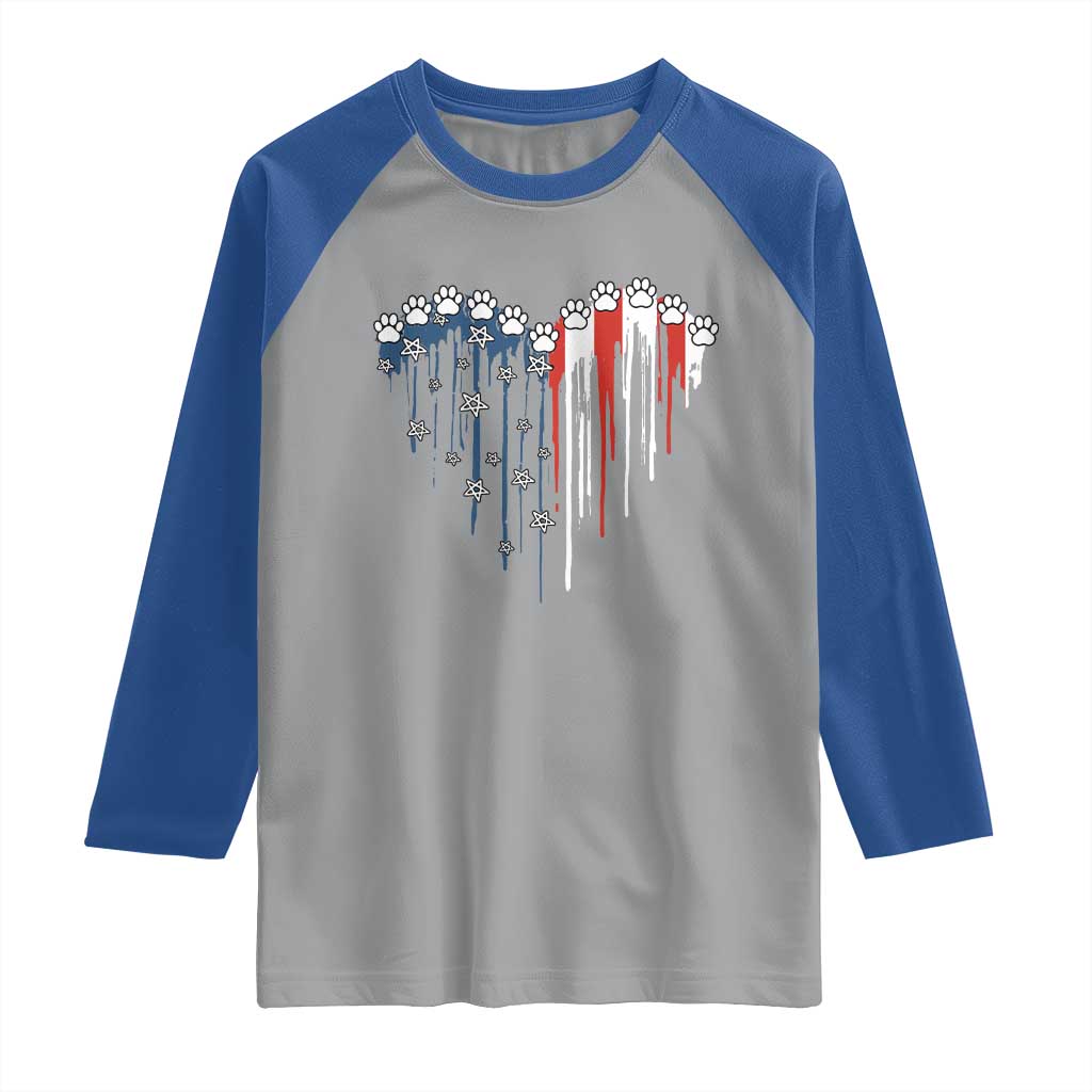 Patriotic Dog And Cat Paw American Flag Heart 4th Of July Raglan Shirt - Wonder Print Shop