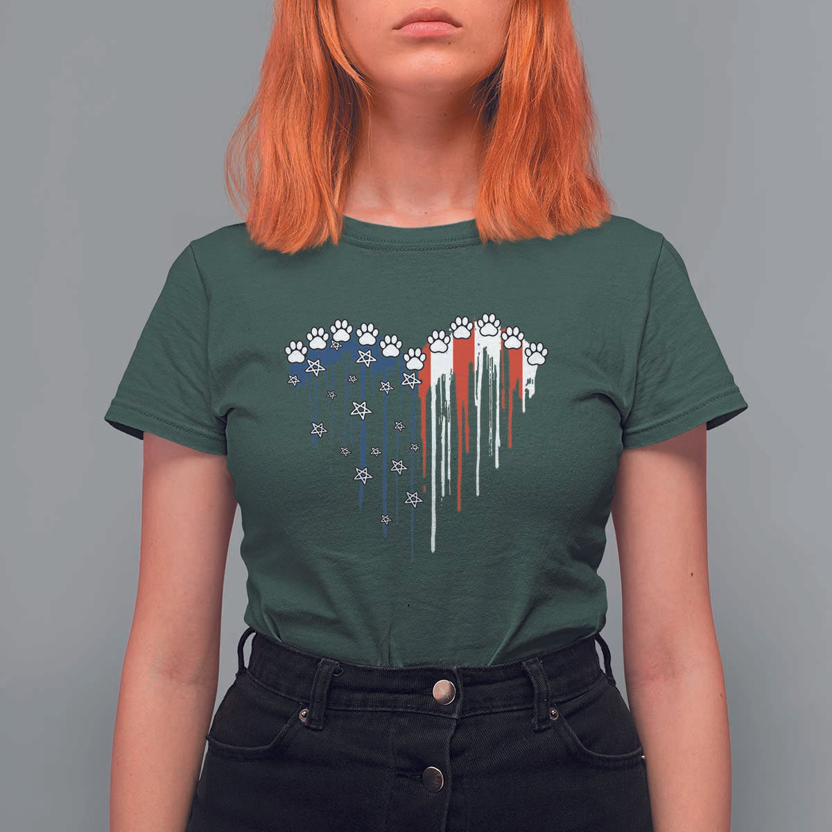 Patriotic Dog And Cat Paw American Flag Heart 4th Of July T Shirt For Women - Wonder Print Shop