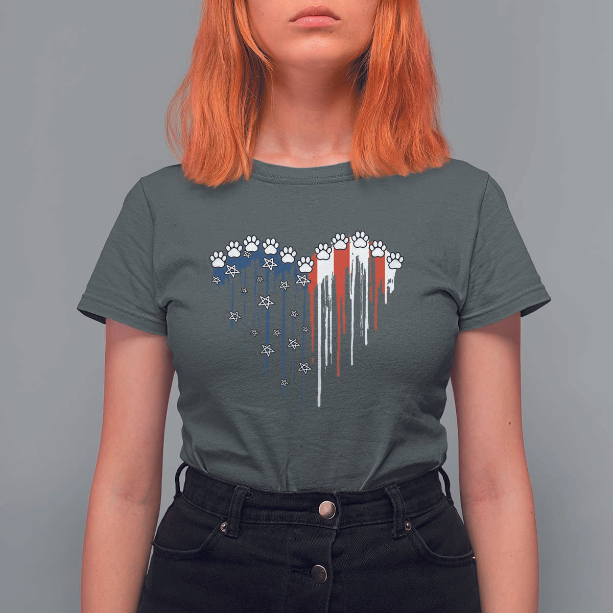 Patriotic Dog And Cat Paw American Flag Heart 4th Of July T Shirt For Women - Wonder Print Shop