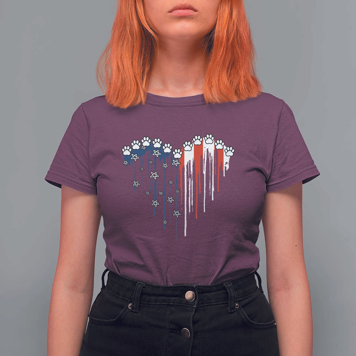 Patriotic Dog And Cat Paw American Flag Heart 4th Of July T Shirt For Women - Wonder Print Shop