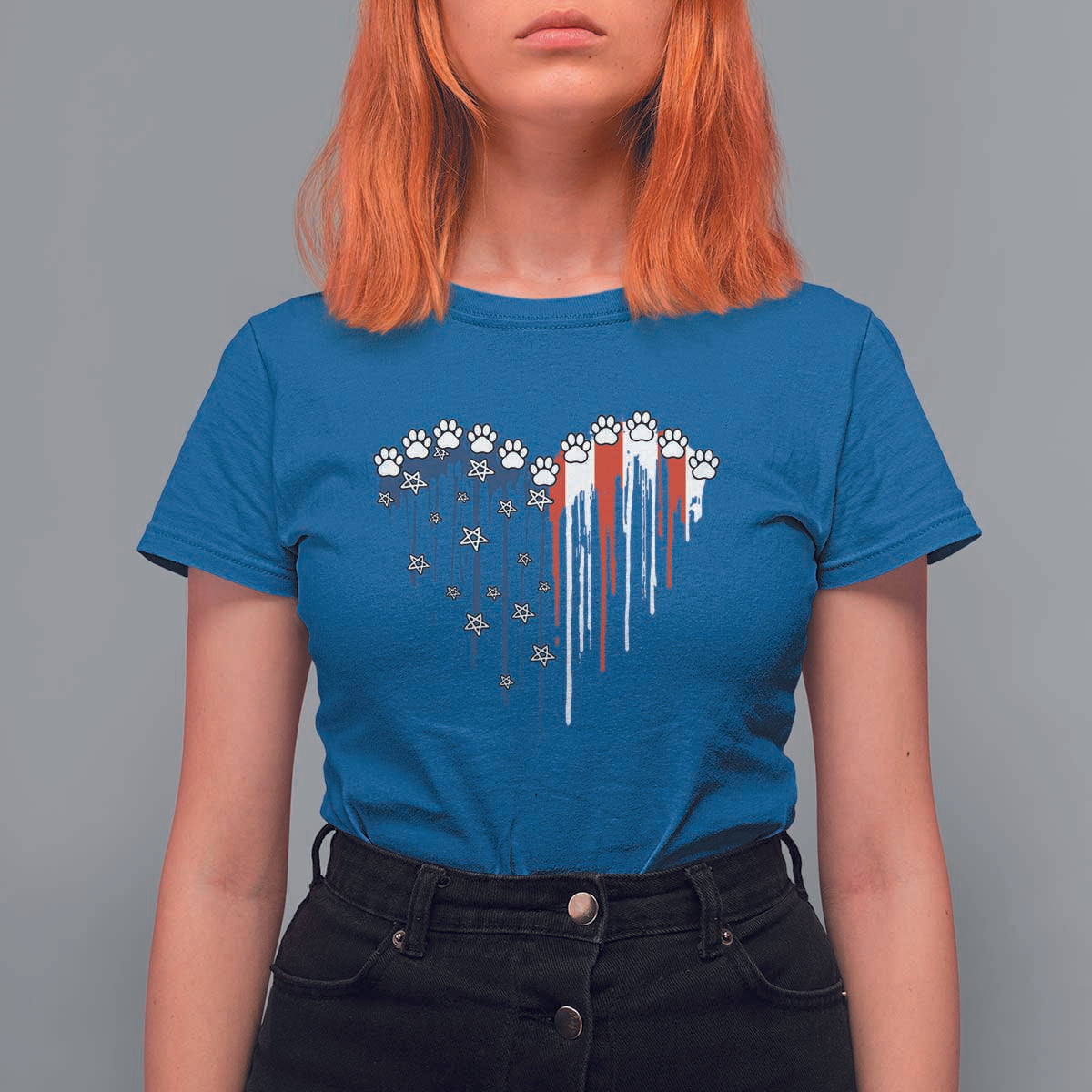 Patriotic Dog And Cat Paw American Flag Heart 4th Of July T Shirt For Women - Wonder Print Shop