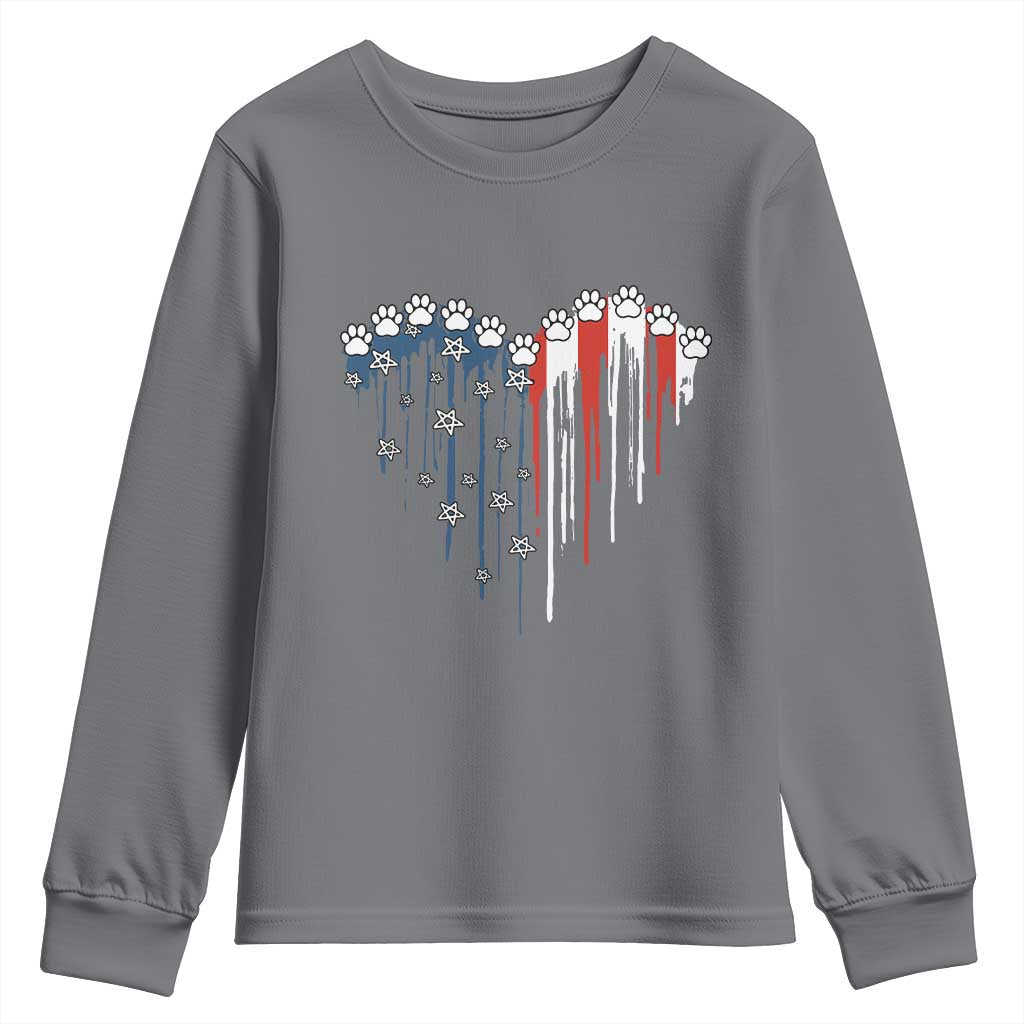 Patriotic Dog And Cat Paw American Flag Heart 4th Of July Youth Sweatshirt - Wonder Print Shop