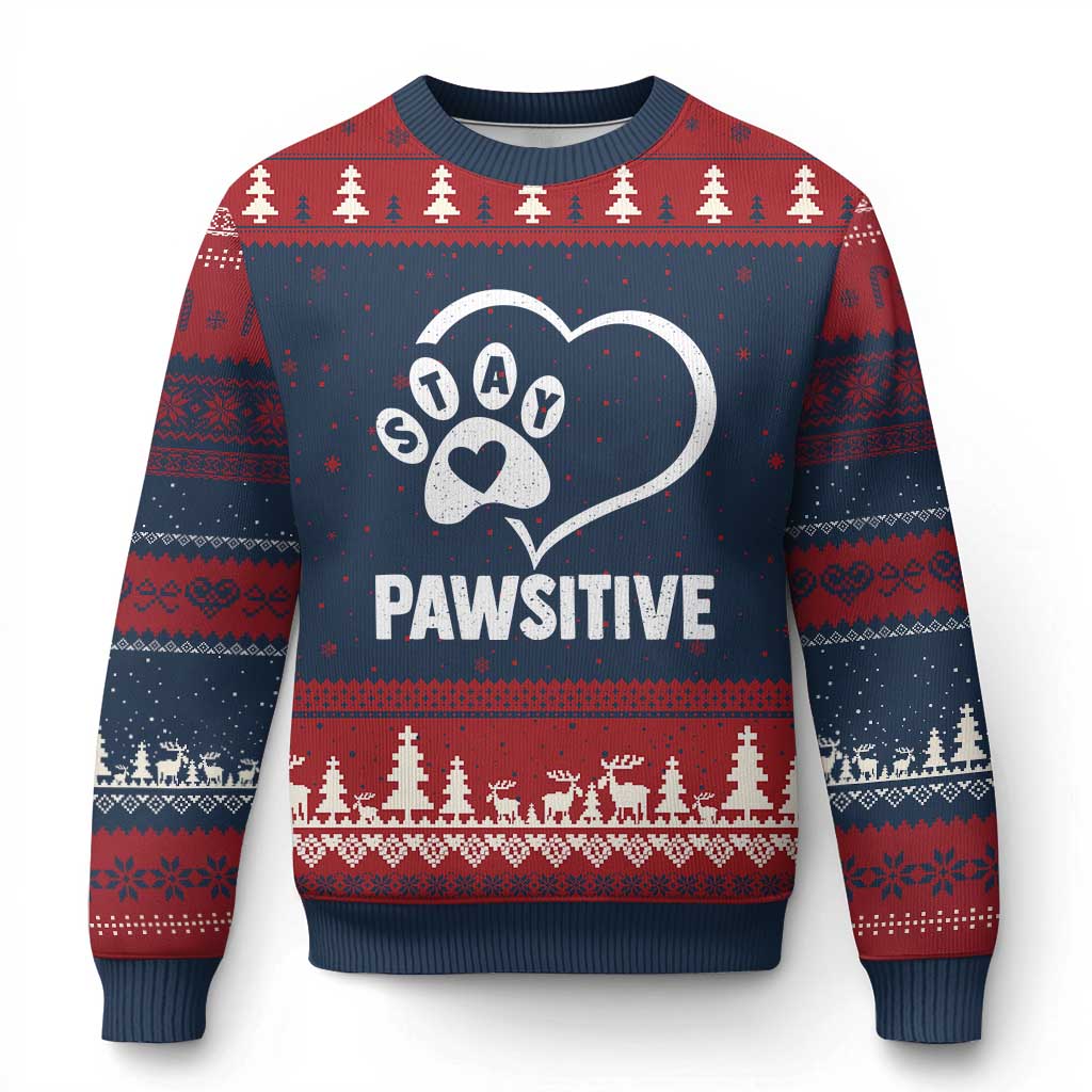 Funny Stay Pawsitive Ugly Christmas Sweater Cat Dog Lover Positive Vibes - Wonder Print Shop