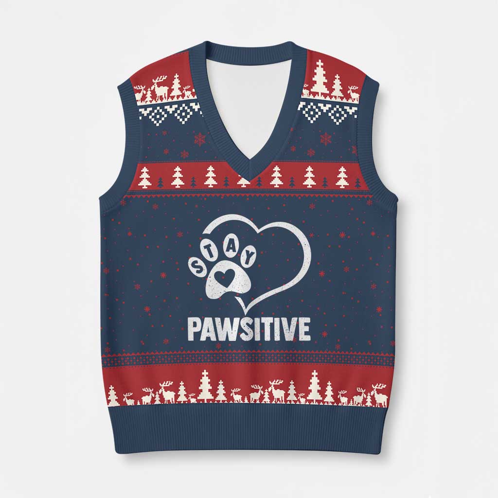 Funny Stay Pawsitive V-Neck Knit Sweater Vest Cat Dog Lover Positive Vibes - Wonder Print Shop