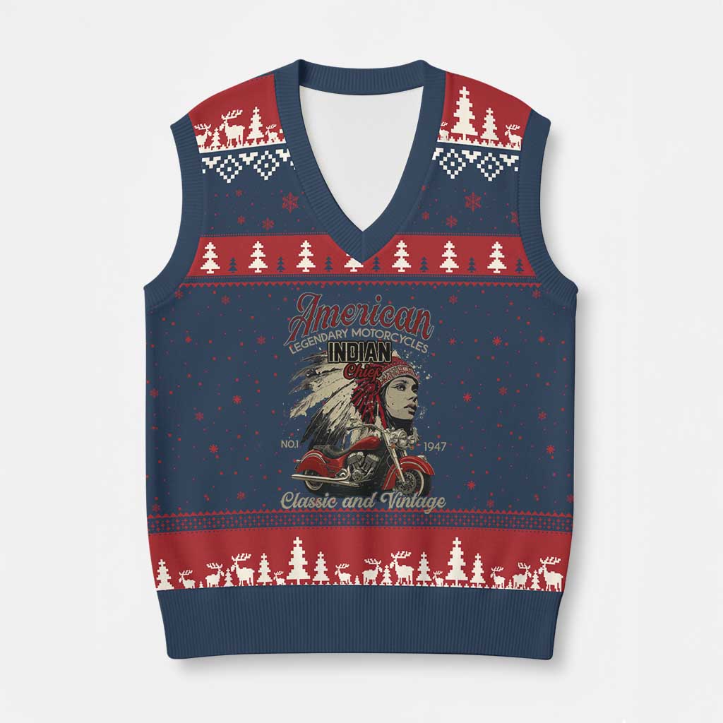 American Legendary Motorcycle Indian Chief V-Neck Knit Sweater Vest Classic And Vintage Bikers - Wonder Print Shop