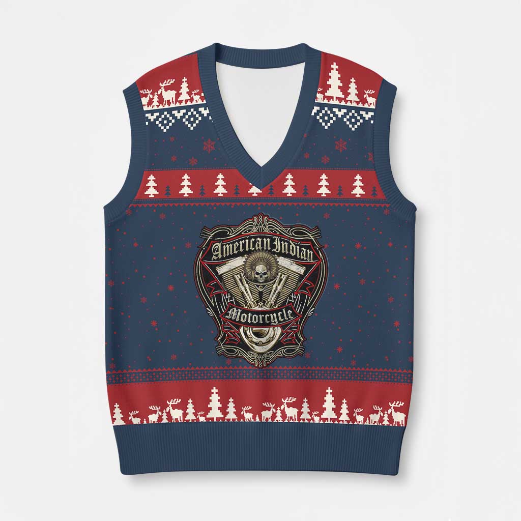 American Indian Skull Motorcycle Vintage Motorbike Engine V-Neck Knit Sweater Vest - Wonder Print Shop